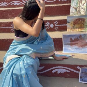 Handloom Pure Cotton Sky Blue Saree - NIRA