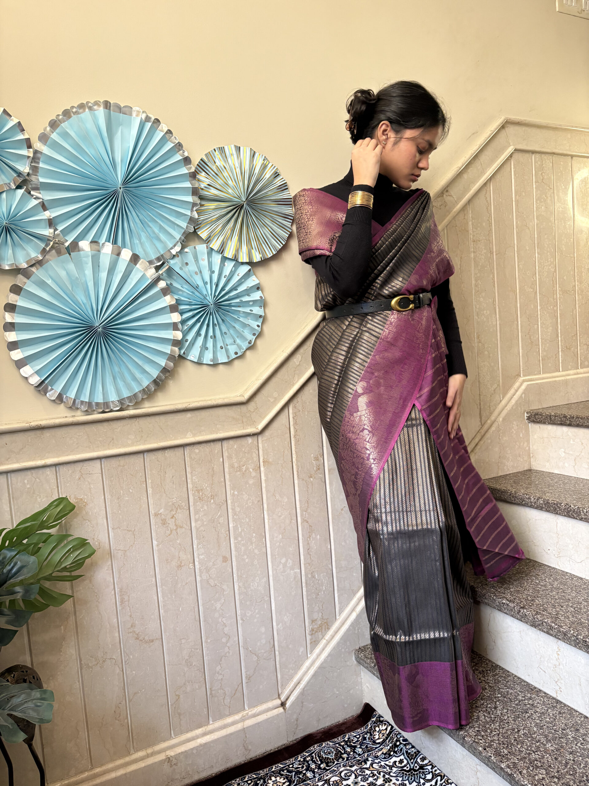 Pure tusser in charcoal black with golden stripes and contrast border-BLAIR - Image 5