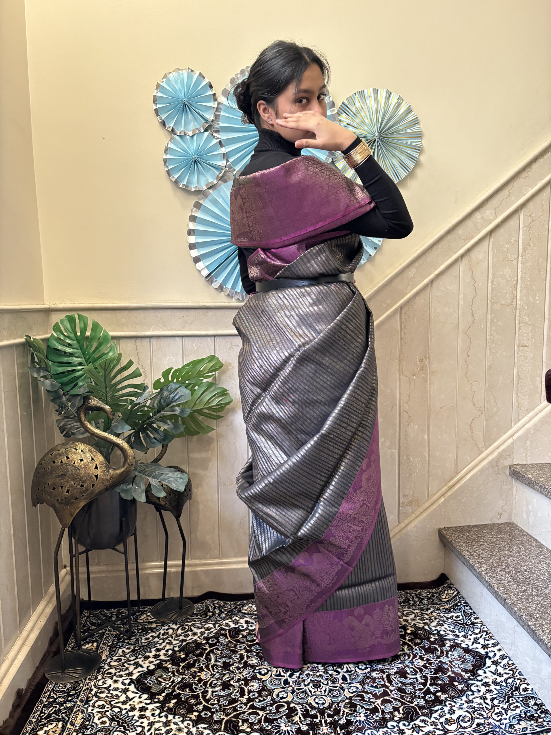 Pure tusser in charcoal black with golden stripes and contrast border-BLAIR - Image 6