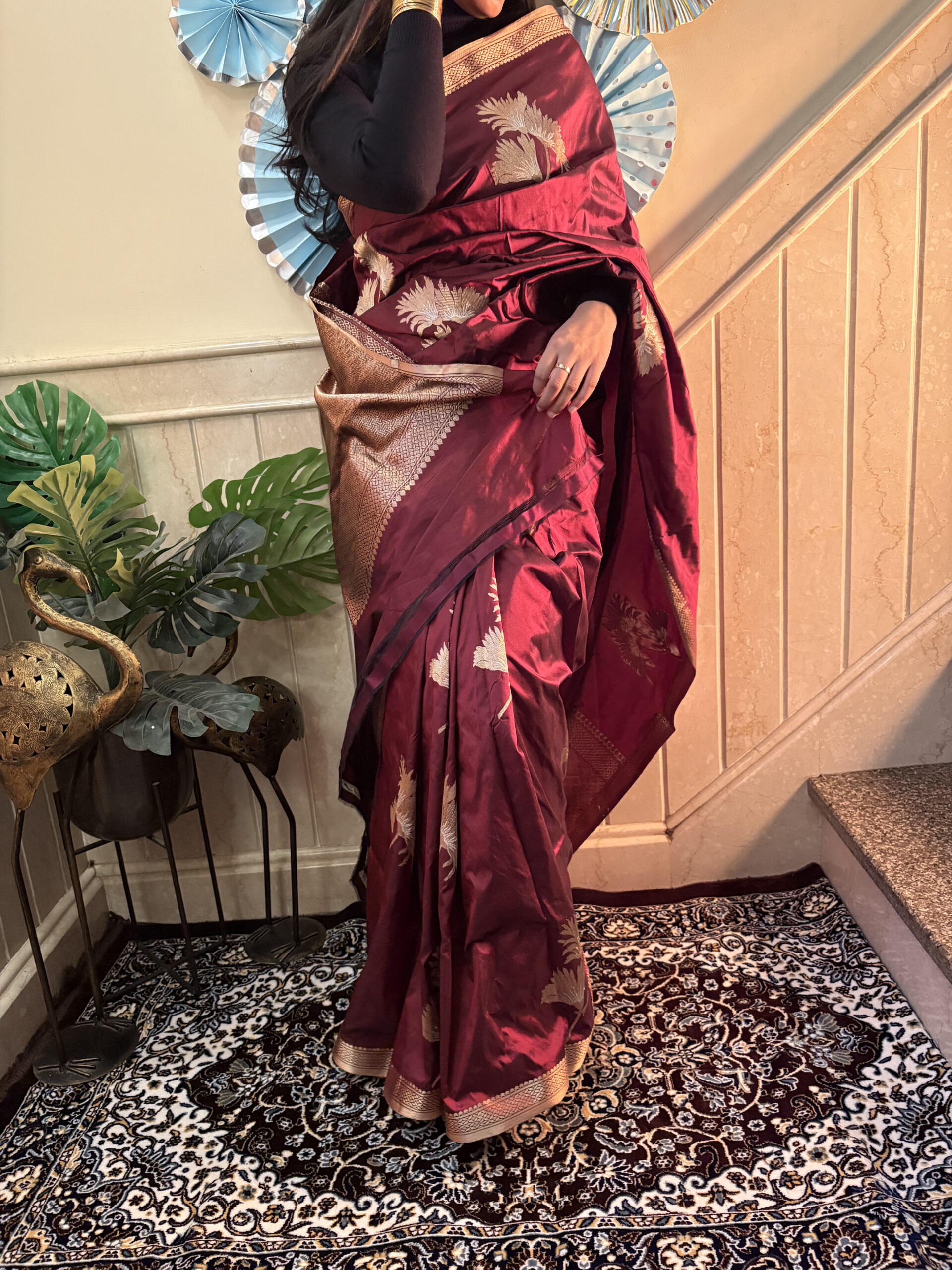 Pure katan silk in golden flower buta and narrow border saree- RUBY NOT RED - Image 2