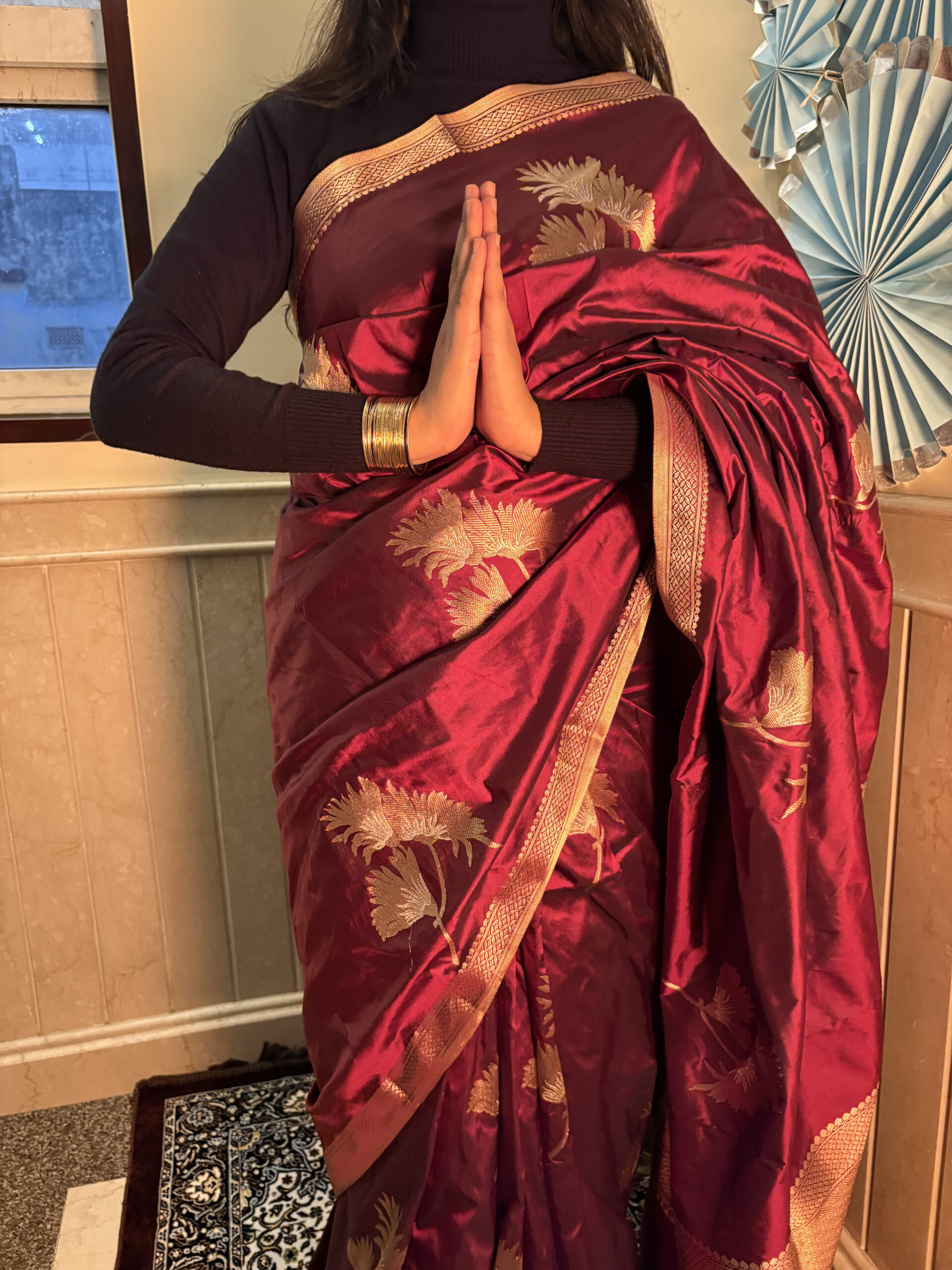 Pure katan silk in golden flower buta and narrow border saree- RUBY NOT RED