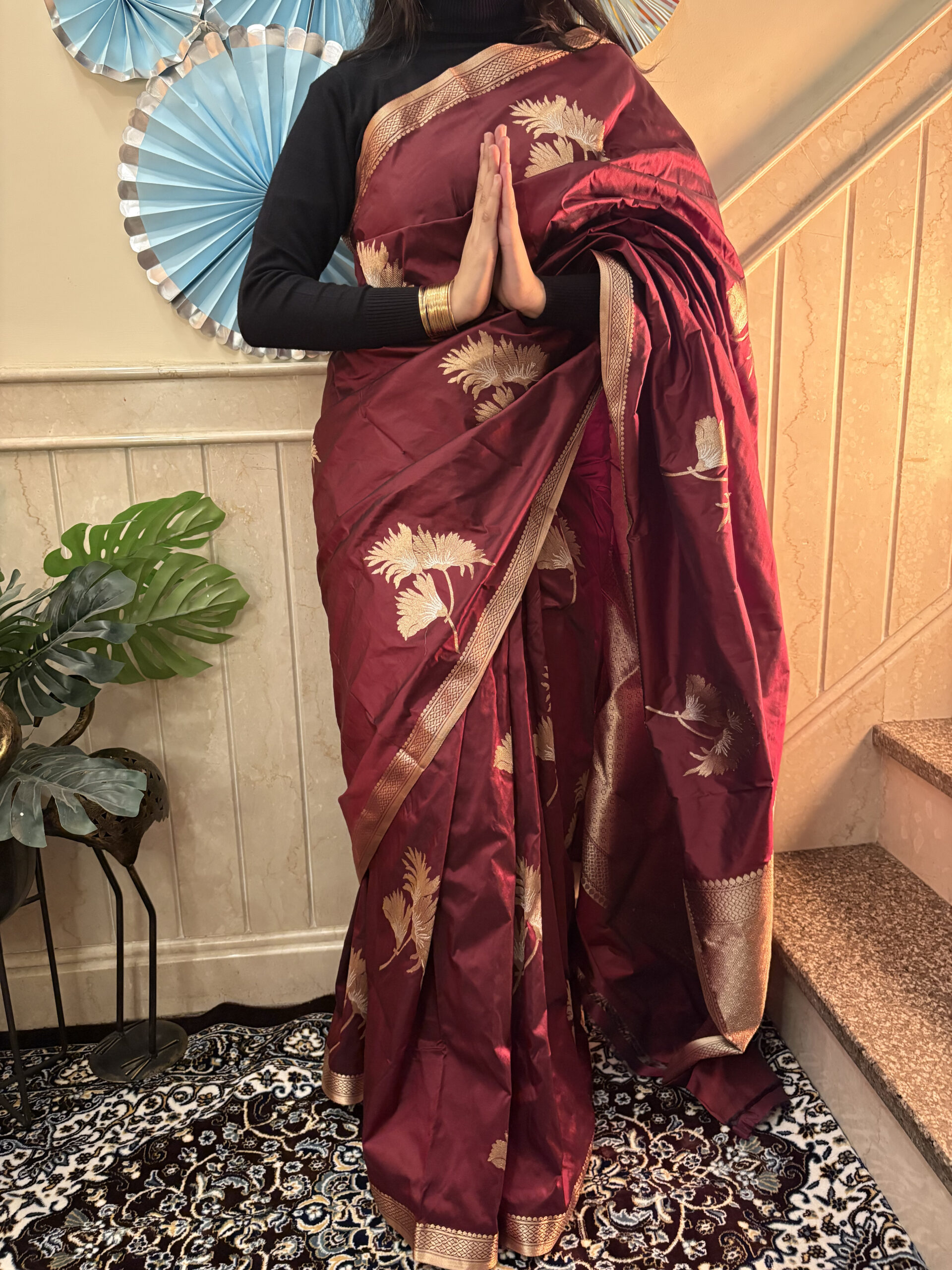 Pure katan silk in golden flower buta and narrow border saree- RUBY NOT RED - Image 4