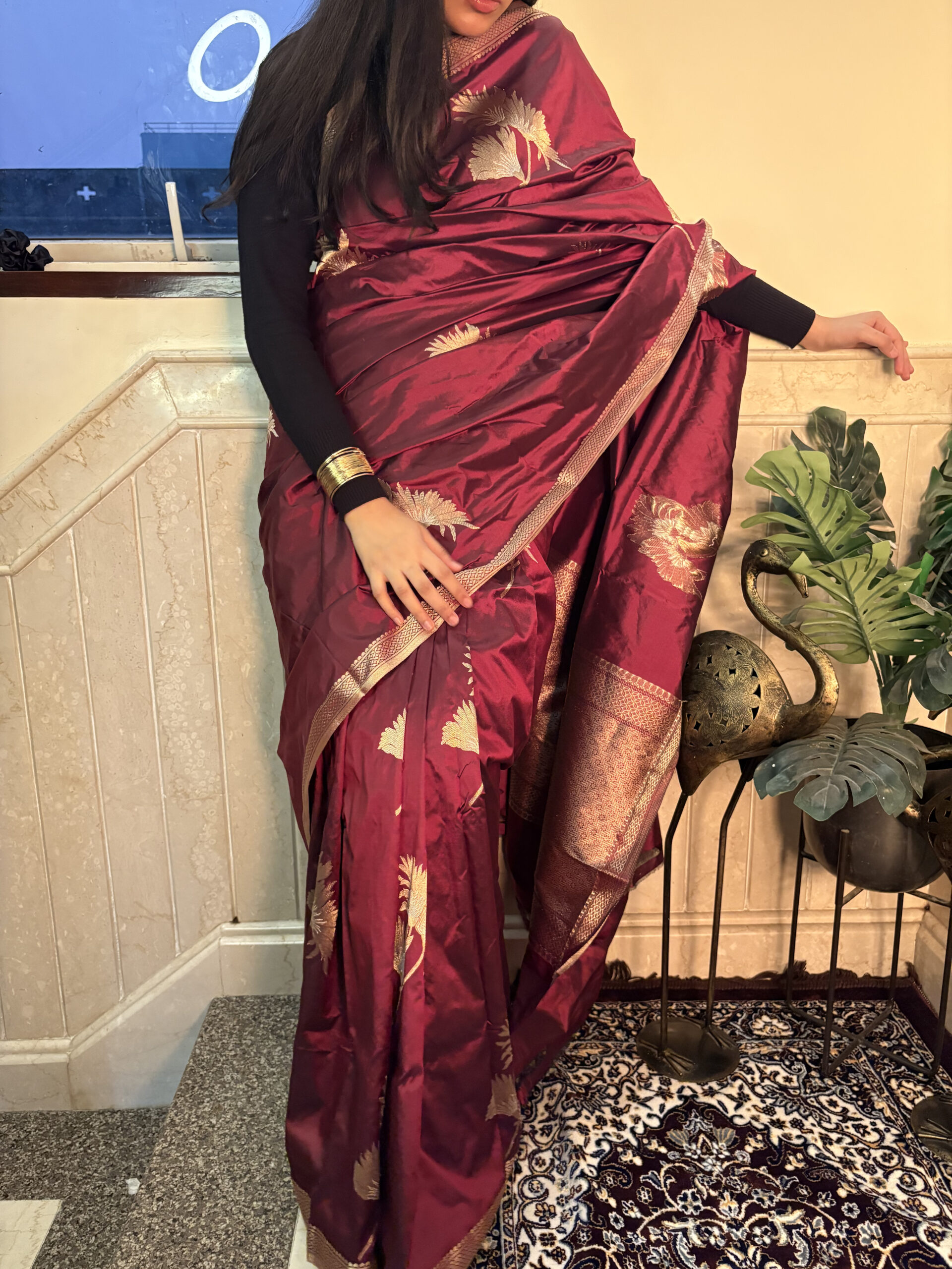 Pure katan silk in golden flower buta and narrow border saree- RUBY NOT RED - Image 6