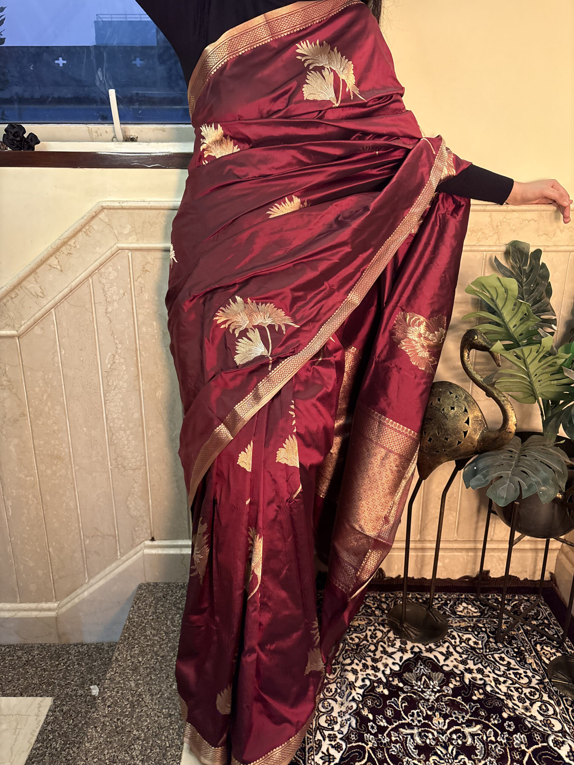 Pure katan silk in golden flower buta and narrow border saree- RUBY NOT RED - Image 5