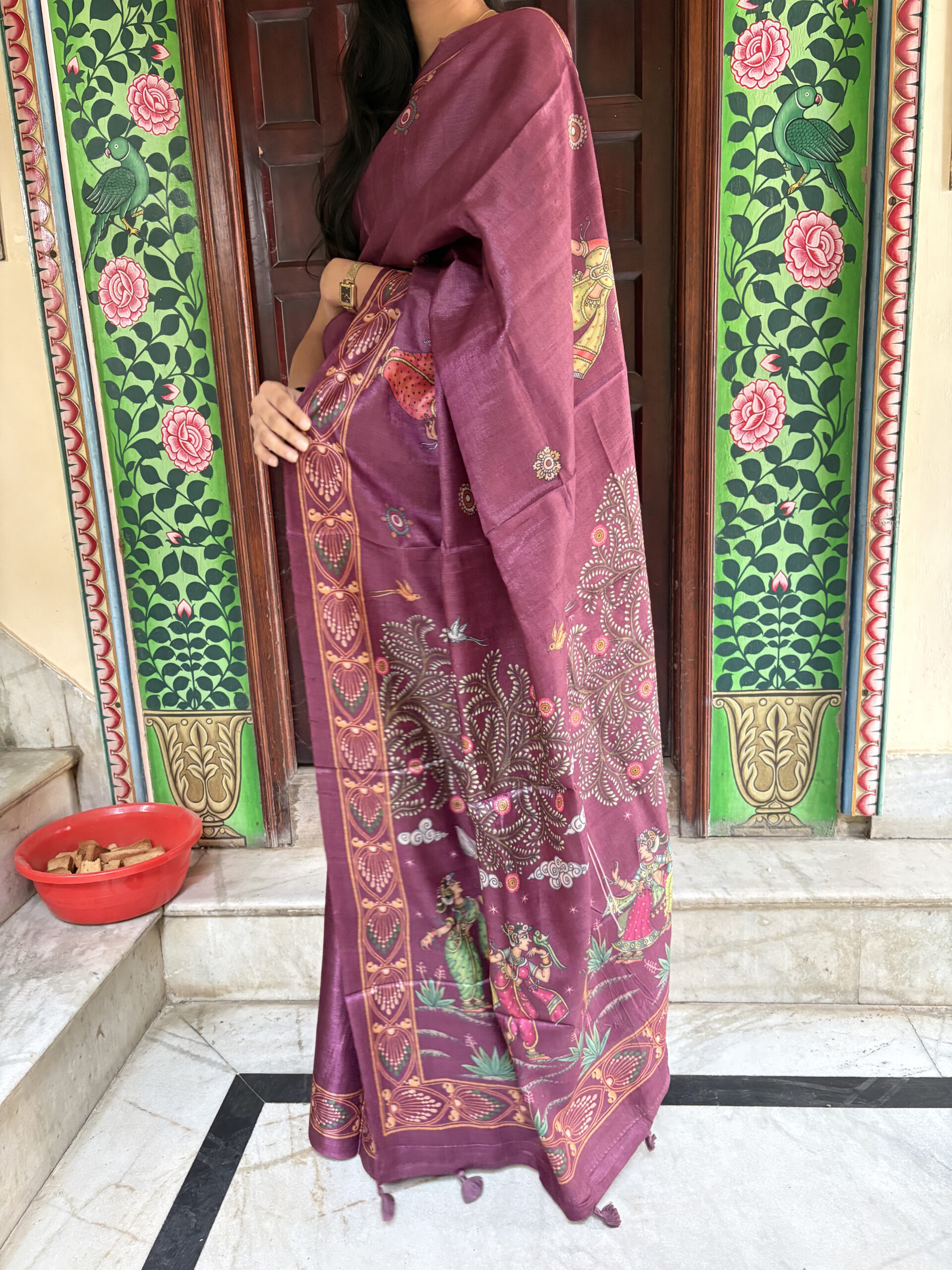 Pure tusser wine pattachitra pinted saree - PRATIKA - Image 6
