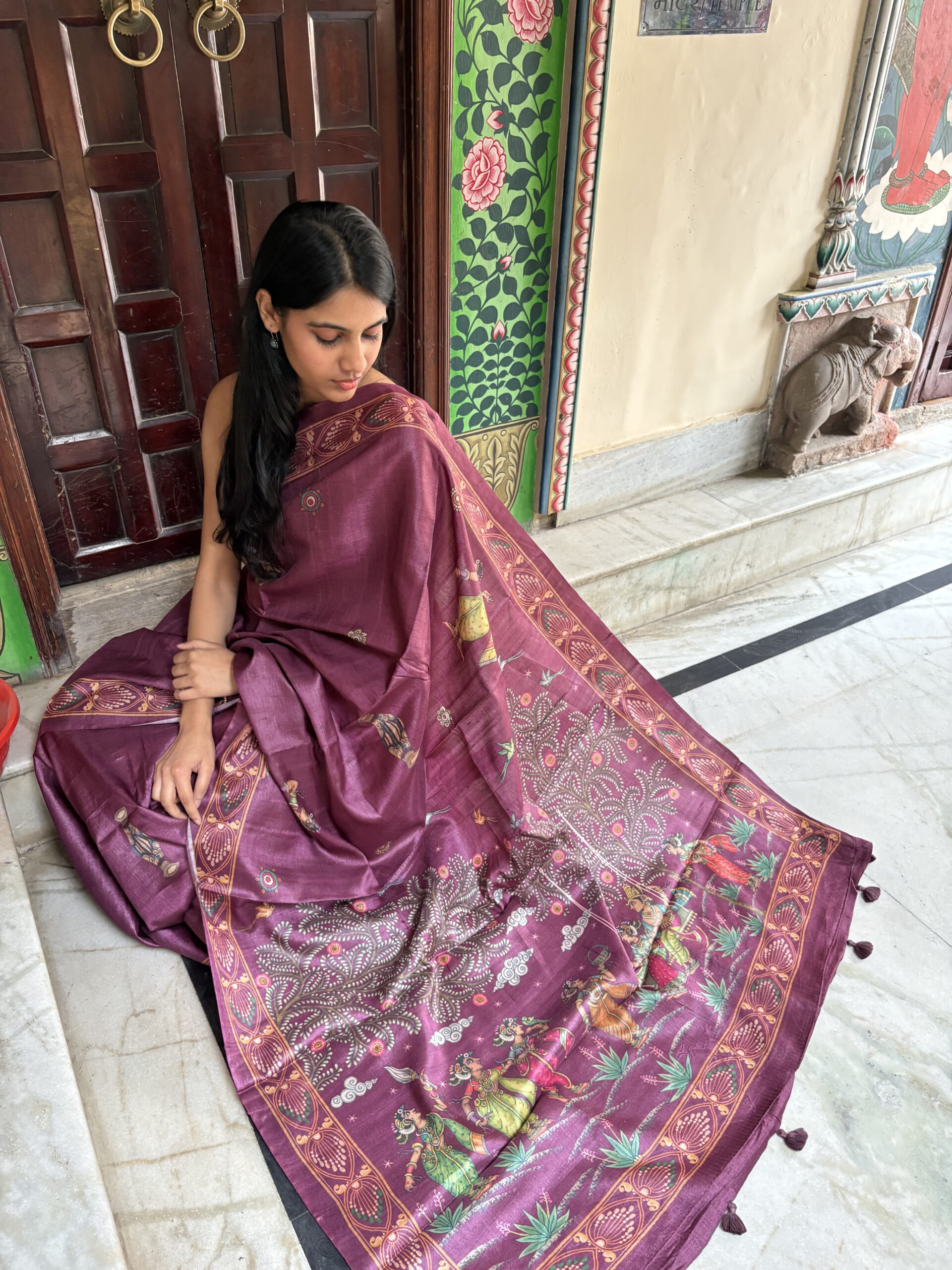 Pure tusser wine pattachitra pinted saree - PRATIKA - Image 4
