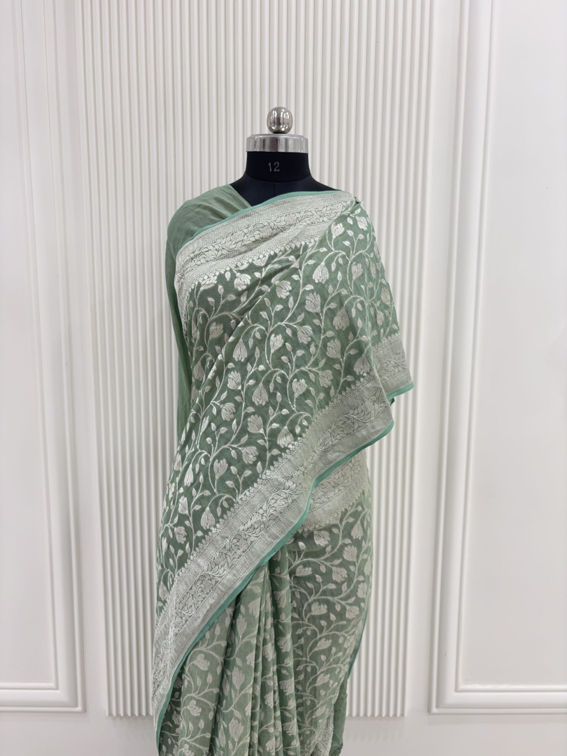 Pure georgette sage green floral jaal and silver zari weaving saree-Garima - Image 2