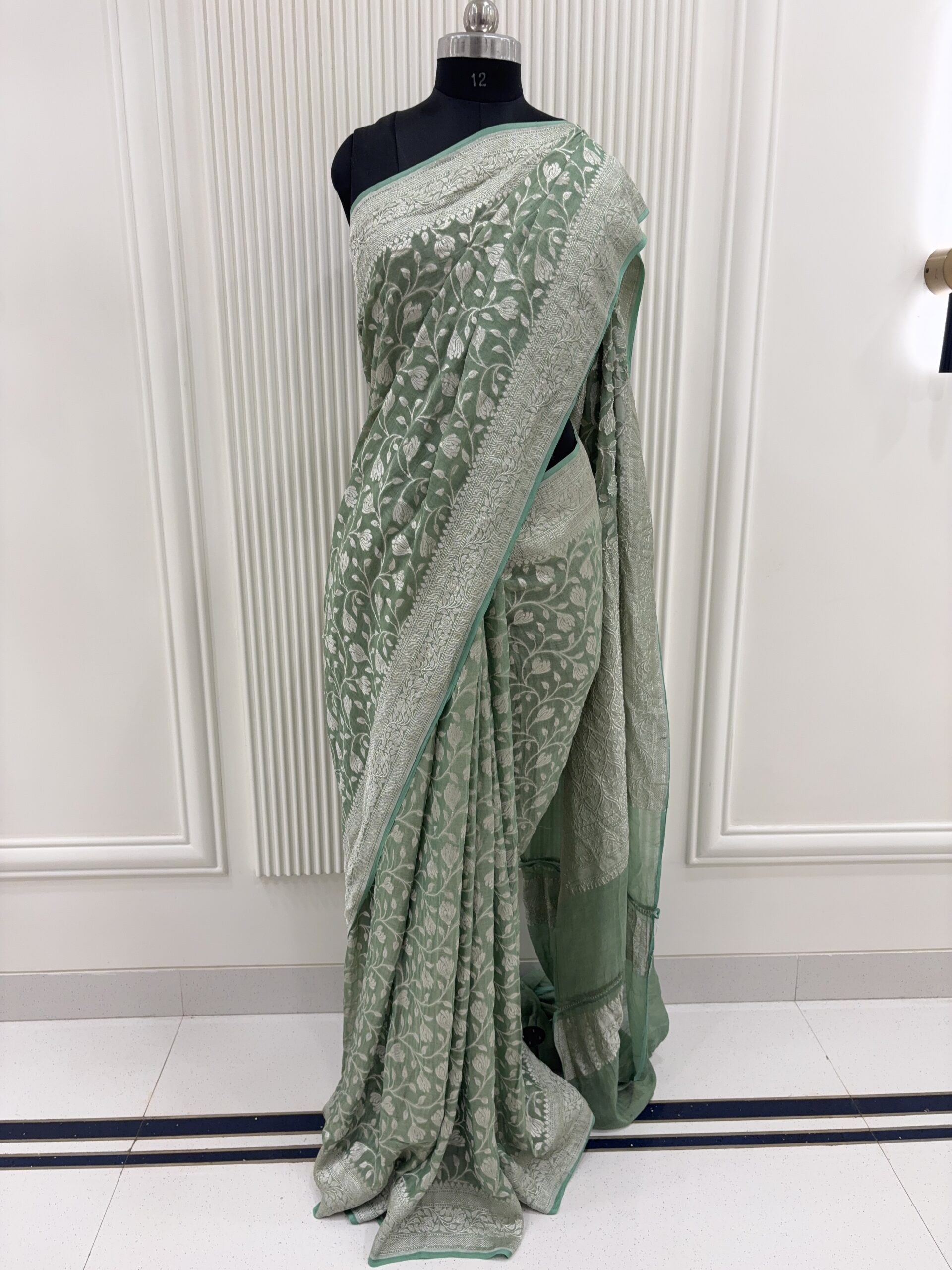 Pure georgette sage green floral jaal and silver zari weaving saree-Garima - Image 3