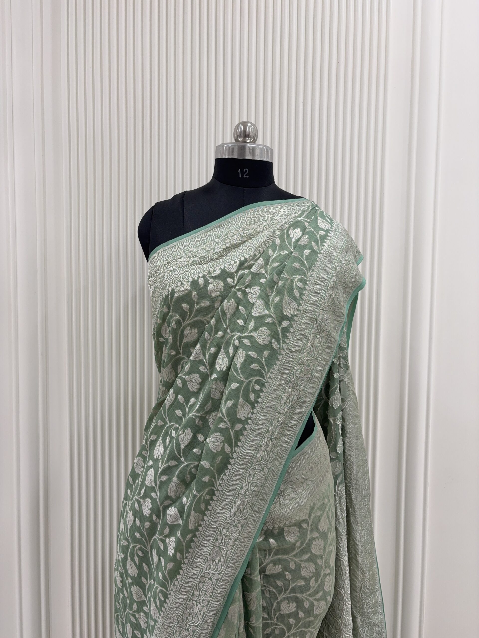 Pure georgette sage green floral jaal and silver zari weaving saree-Garima - Image 4