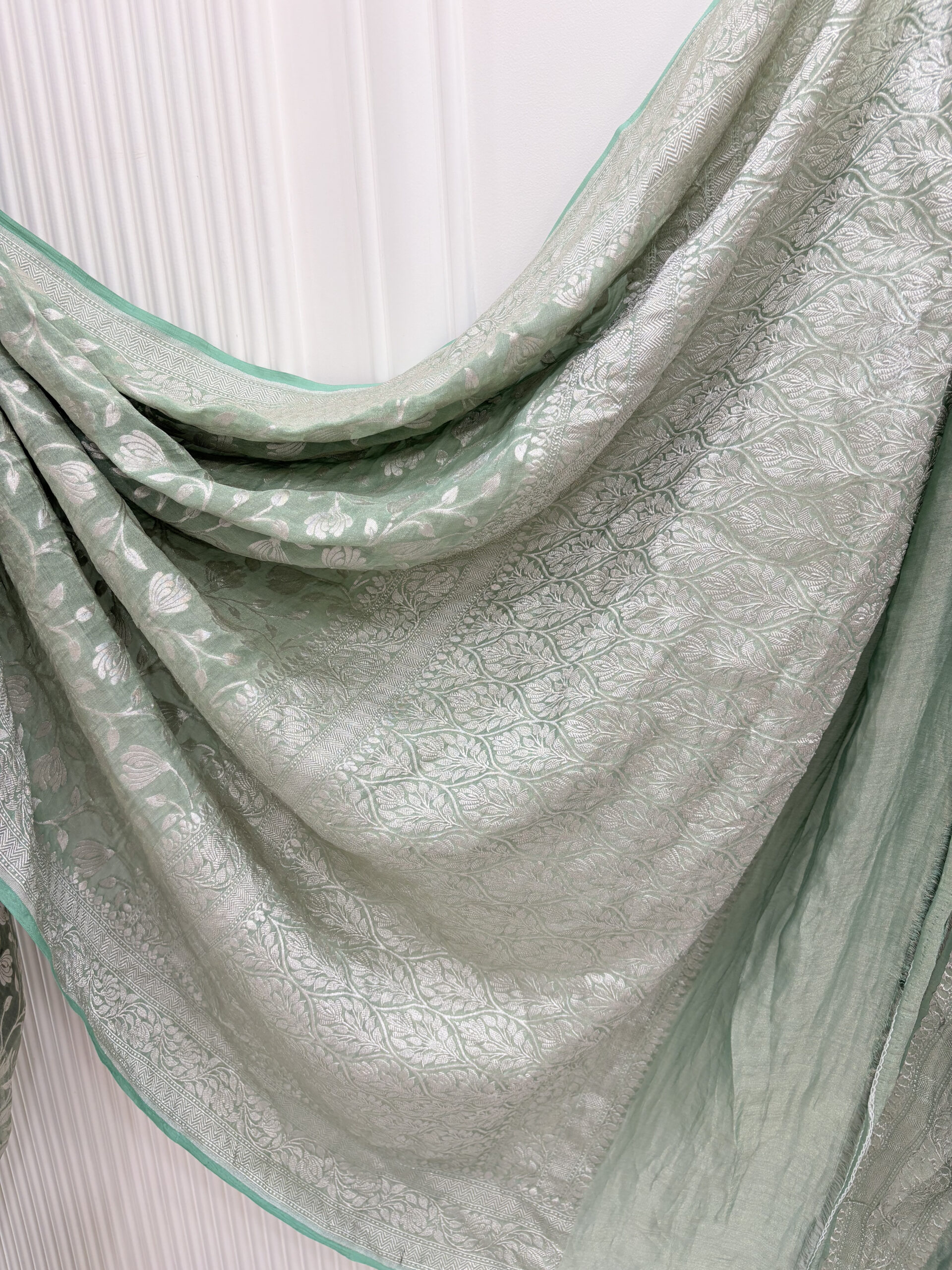 Pure georgette sage green floral jaal and silver zari weaving saree-Garima - Image 8