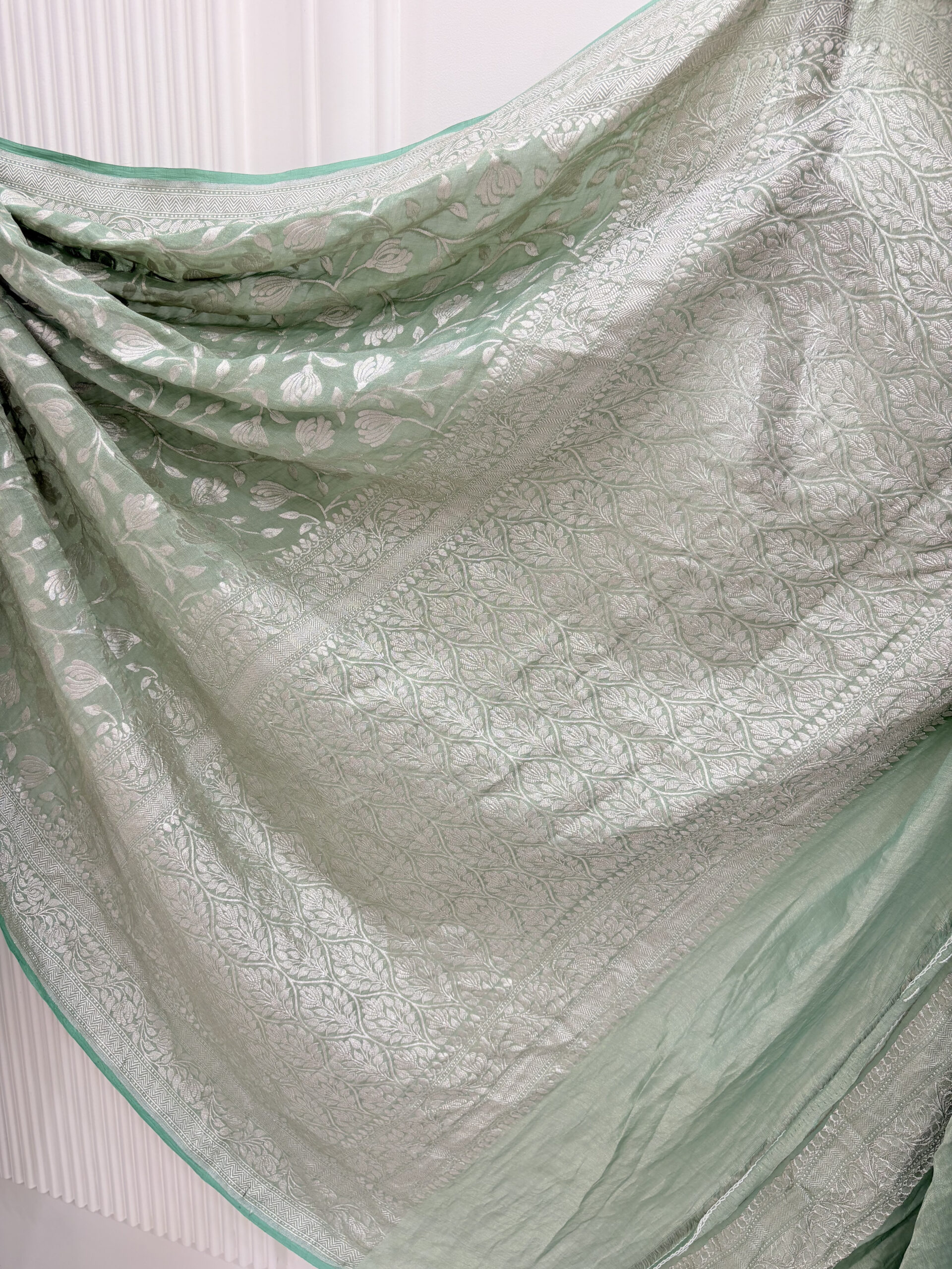 Pure georgette sage green floral jaal and silver zari weaving saree-Garima - Image 6