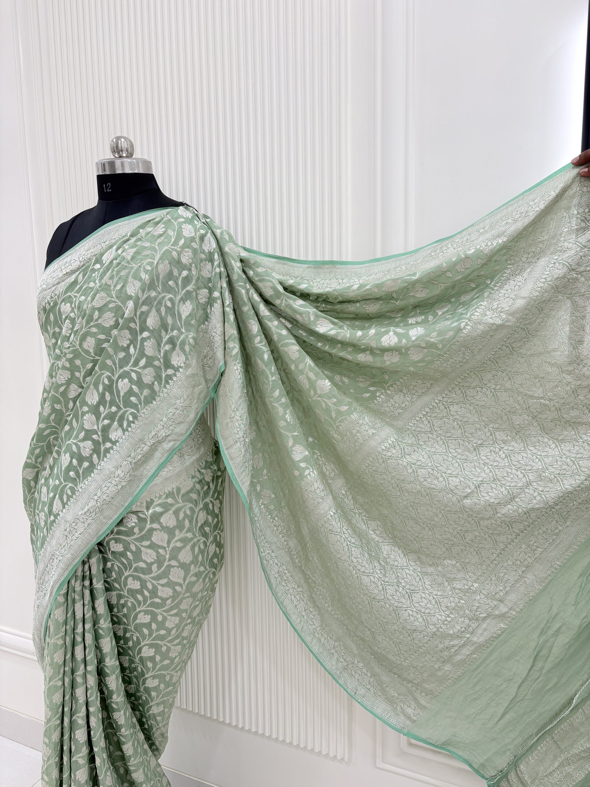 Pure georgette sage green floral jaal and silver zari weaving saree-Garima - Image 7