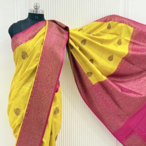 Handloom Pure Dupion Silk Bright Yellow Contrast Saree-Yamuna