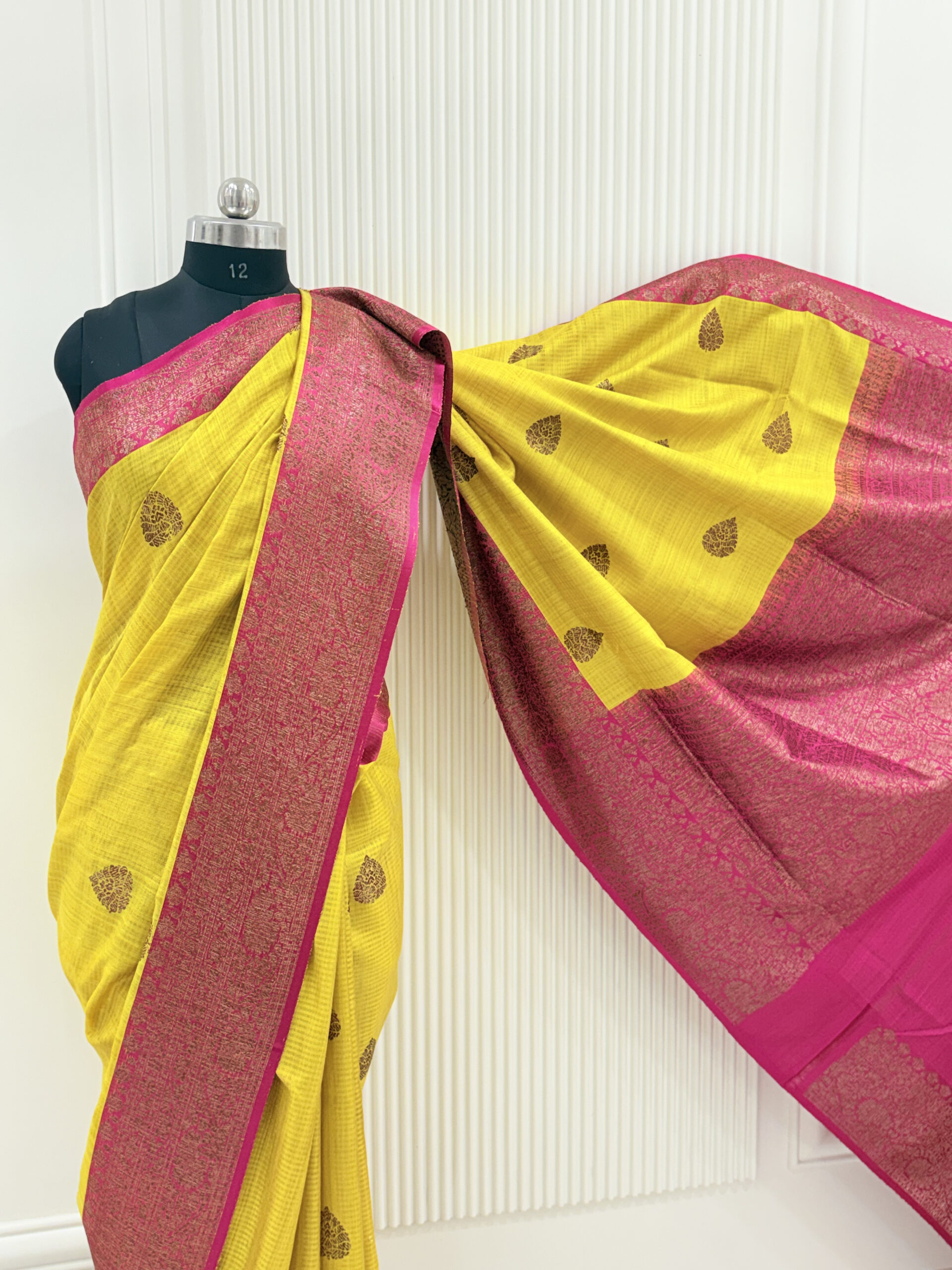 Pure raw silk peetambari with rani contrast and gold antique zari weaving-Yamuna