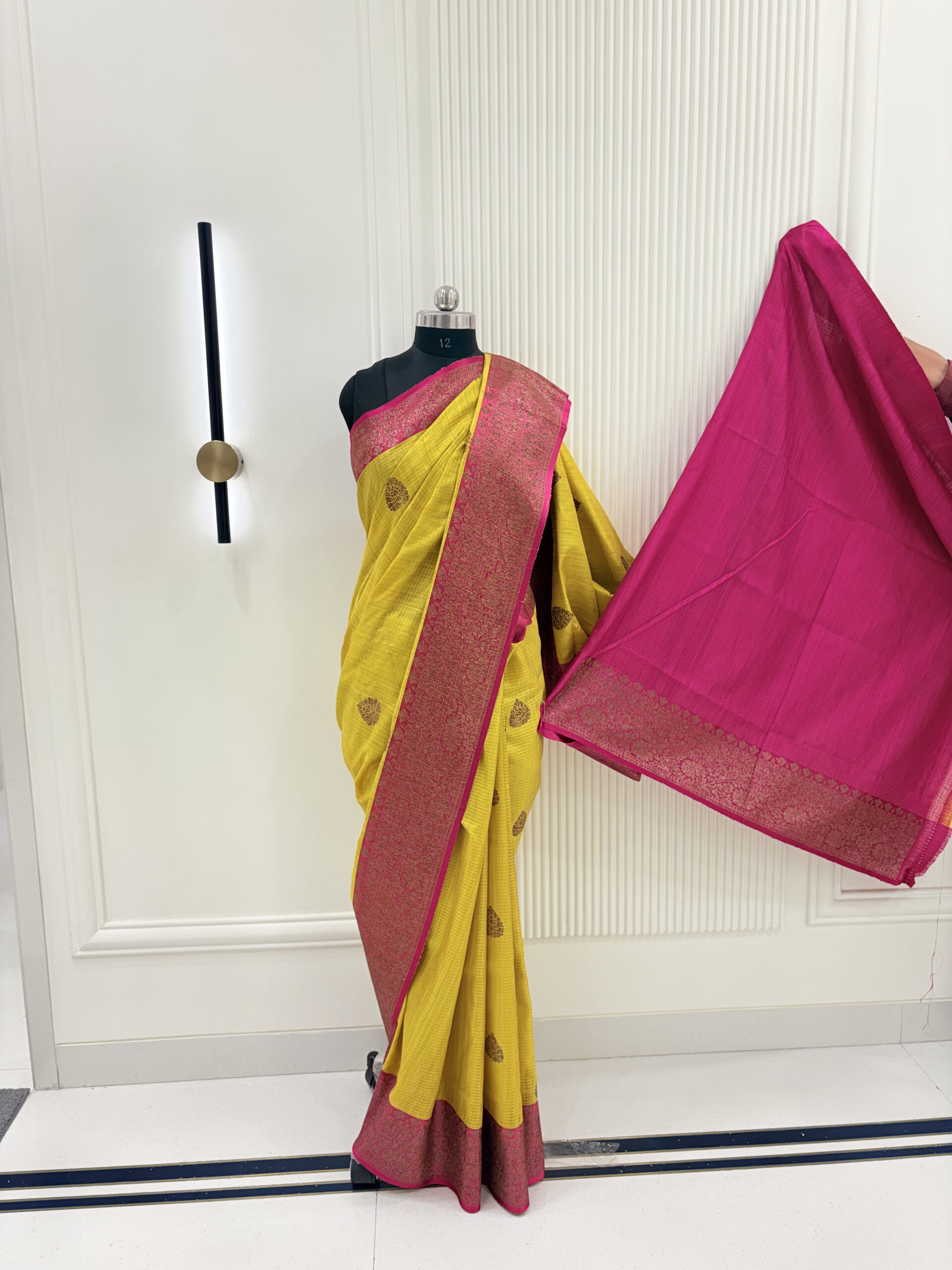 Pure raw silk peetambari with rani contrast and gold antique zari weaving-Yamuna - Image 5