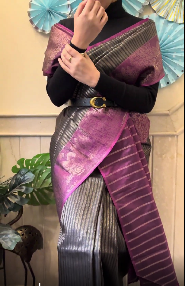 Pure tusser in charcoal black with golden stripes and contrast border-BLAIR