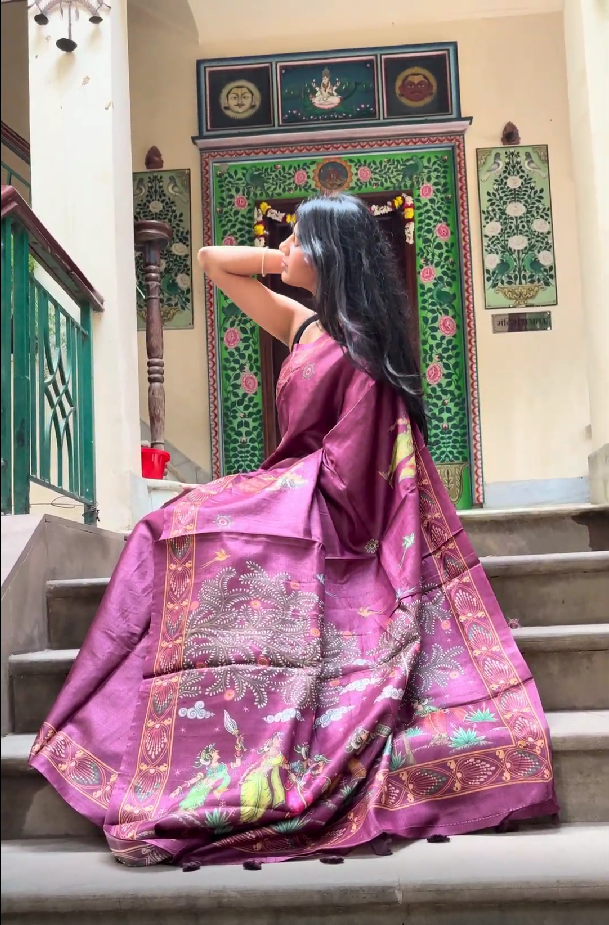 Pure tusser wine pattachitra pinted saree - PRATIKA