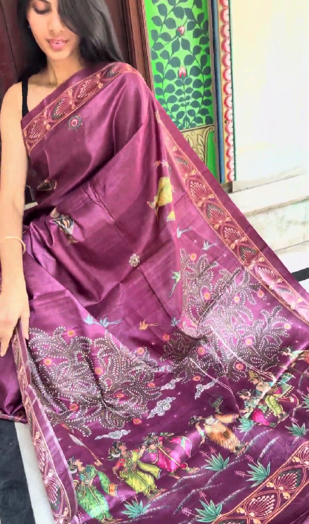 Pure tusser wine pattachitra pinted saree - PRATIKA - Image 2