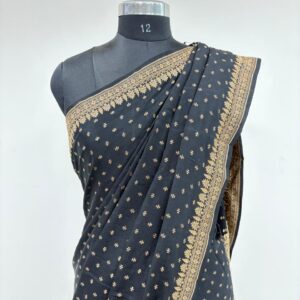 Pure Crepe Pitch Black and Golden Saree