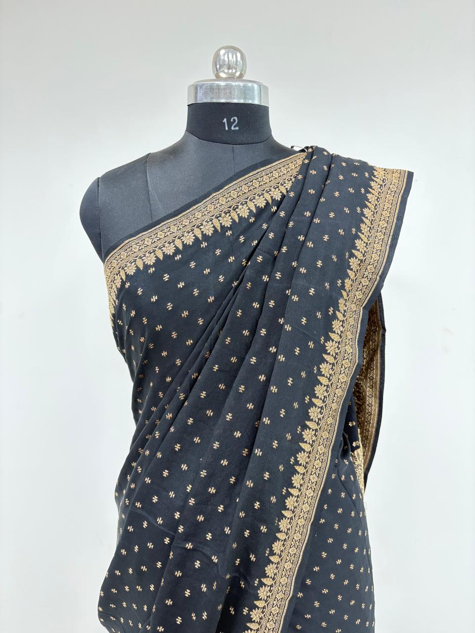 pure-crepe-pitch-black-and-golden-saree